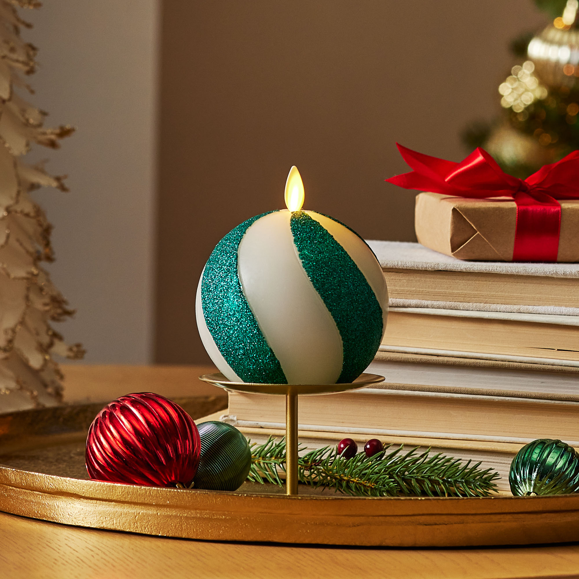 sm-image-52759278c4b0910d86040b68 Green Candy Cane Glitter Stripe Flameless Candle Sphere
