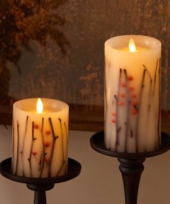 Pearl Ivory Embedded Orange Berries & Twigs Flameless Candle Pillar