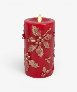 Holiday Red Embossed Holly Flameless Candle Pillar