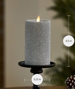 Brilliant Silver Glitter Ribbed Flameless Candle Pillar