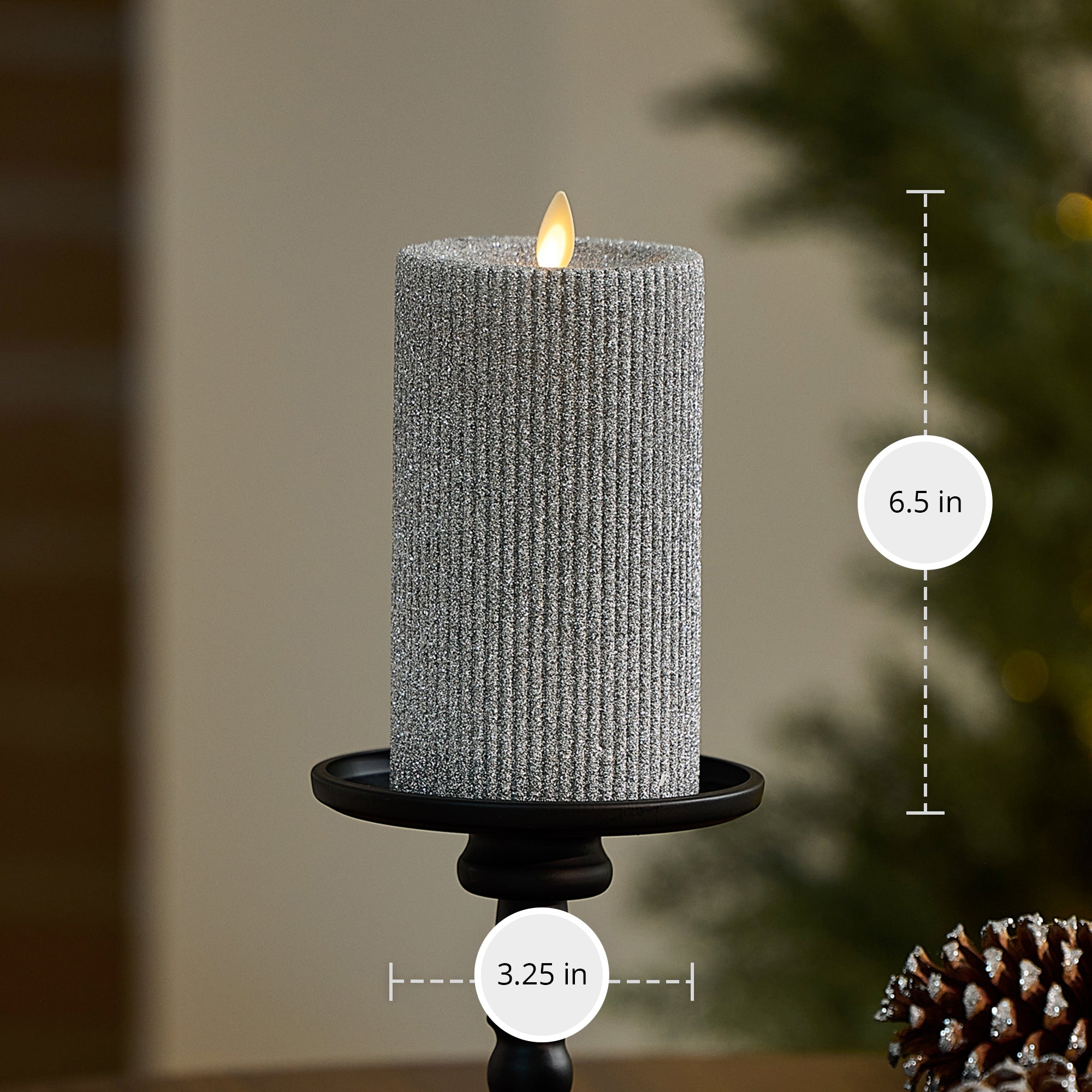 sm-image-55accfd6cc6ae8c6d77db509 Brilliant Silver Glitter Ribbed Flameless Candle Pillar