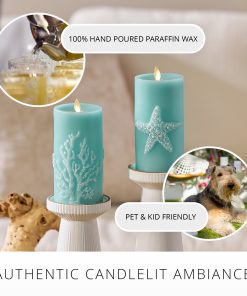 Soft Teal Embossed Starfish Flameless Candle Pillar