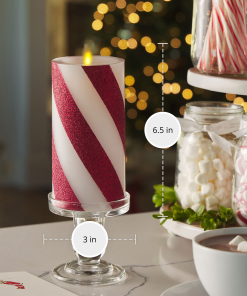 Red Candy Cane Wide Glitter Stripe White Flameless Candle Pillar