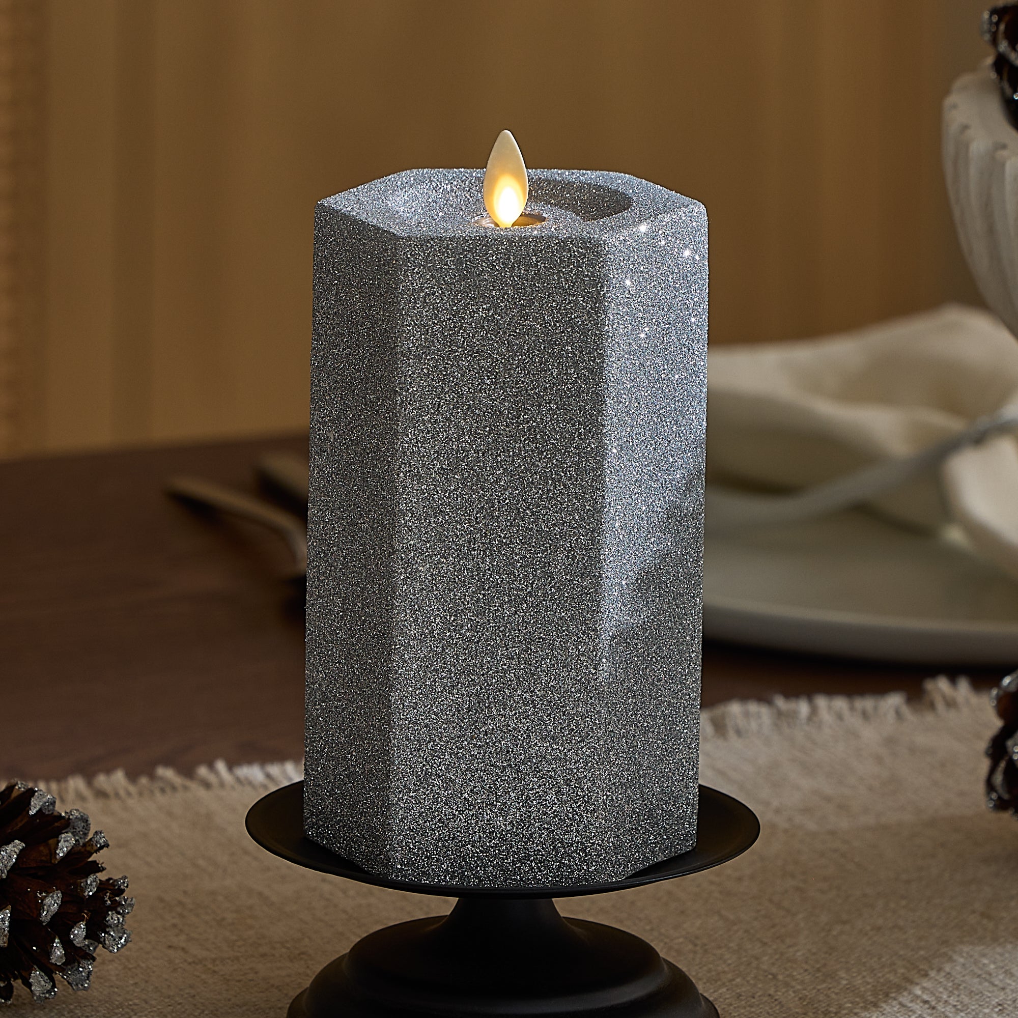 sm-image-6020d4f9ca2d073076348de4 Brilliant Silver Hexagon Flameless Candle Pillar