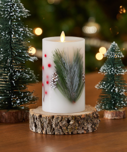 Embedded Pine, Berries & Pinecones Flameless Candle Pillar