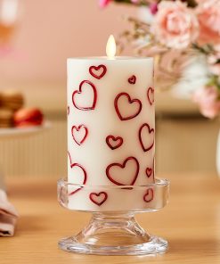 White Porcelain with Metallic Red Hearts Flameless Candle Pillar