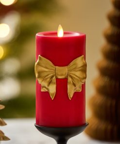 Holiday Red with Gold Bow Flameless Candle Pillar