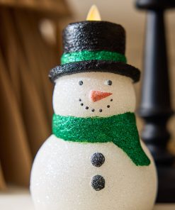 White Glitter Flameless Candle Snowman
