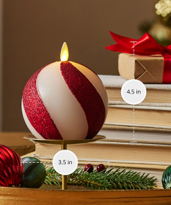 Red Candy Cane Glitter Stripe White Flameless Candle Sphere