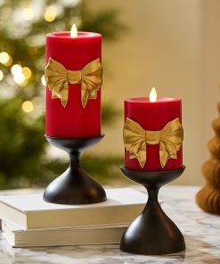 Holiday Red with Gold Bow Flameless Candle Pillar