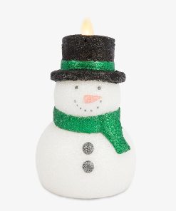 White Glitter Flameless Candle Snowman