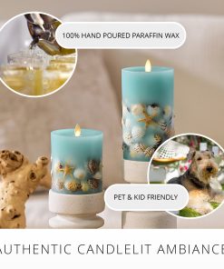 Soft Teal Embedded Seashell & Starfish Flameless Candle Pillar