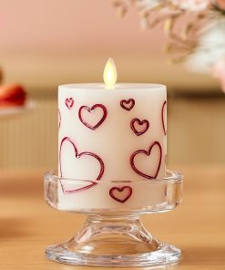 White Porcelain with Metallic Raspberry Hearts Flameless Candle Pillar