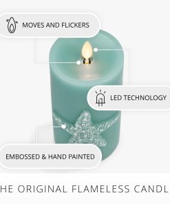 Soft Teal Embossed Starfish Flameless Candle Pillar