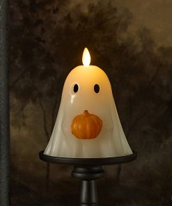 Bright White Ghost Holding Pumpkin Flameless Candle