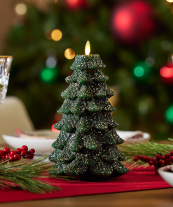 Green Glitter Holiday Tree Flameless Candle
