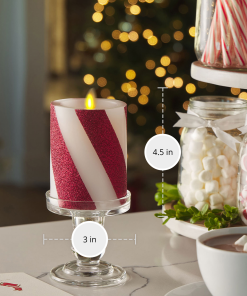 Red Candy Cane Wide Glitter Stripe White Flameless Candle Pillar