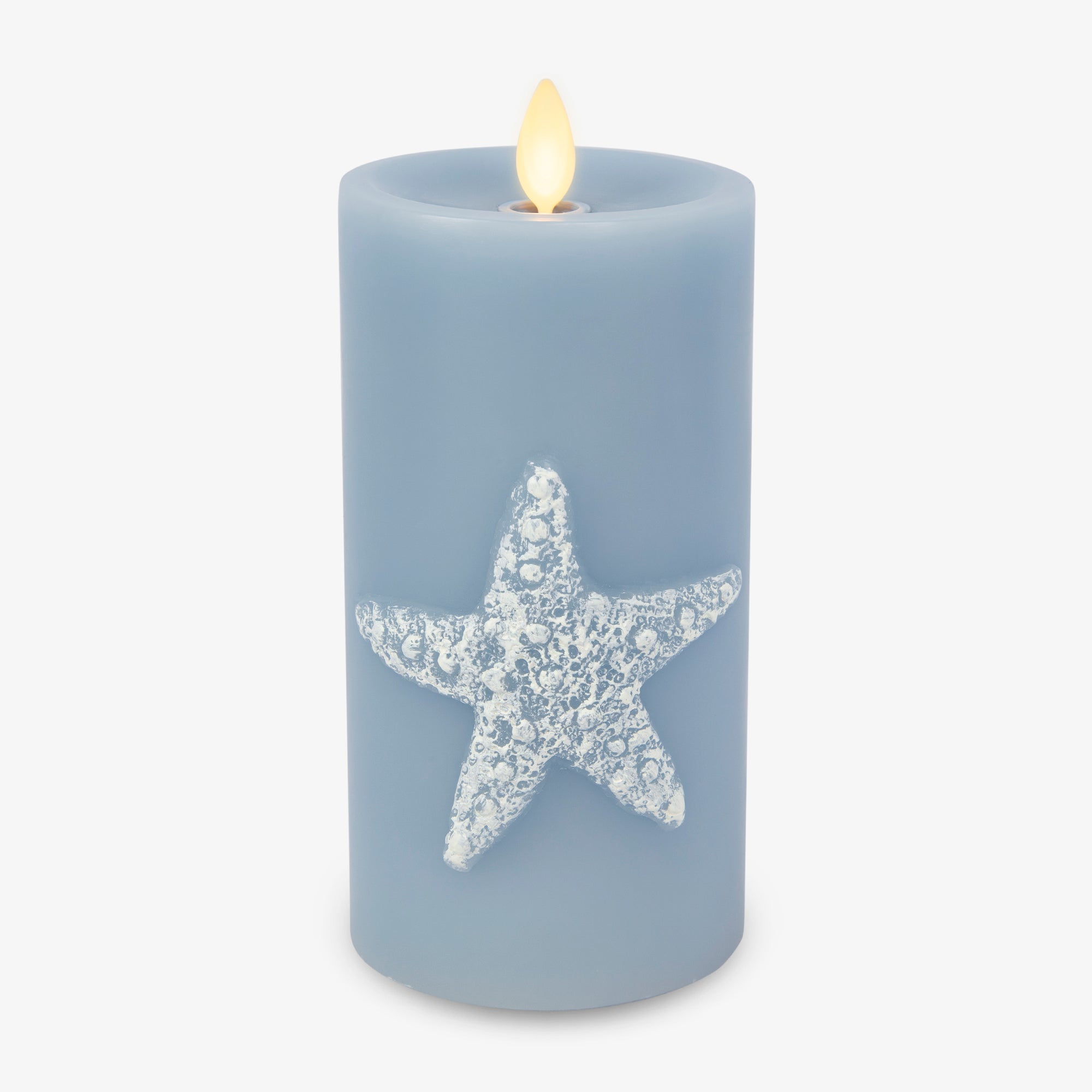sm-image-76b0662f988415cb35fd6d01 Soft Chambray Embossed Starfish Flameless Candle Pillar