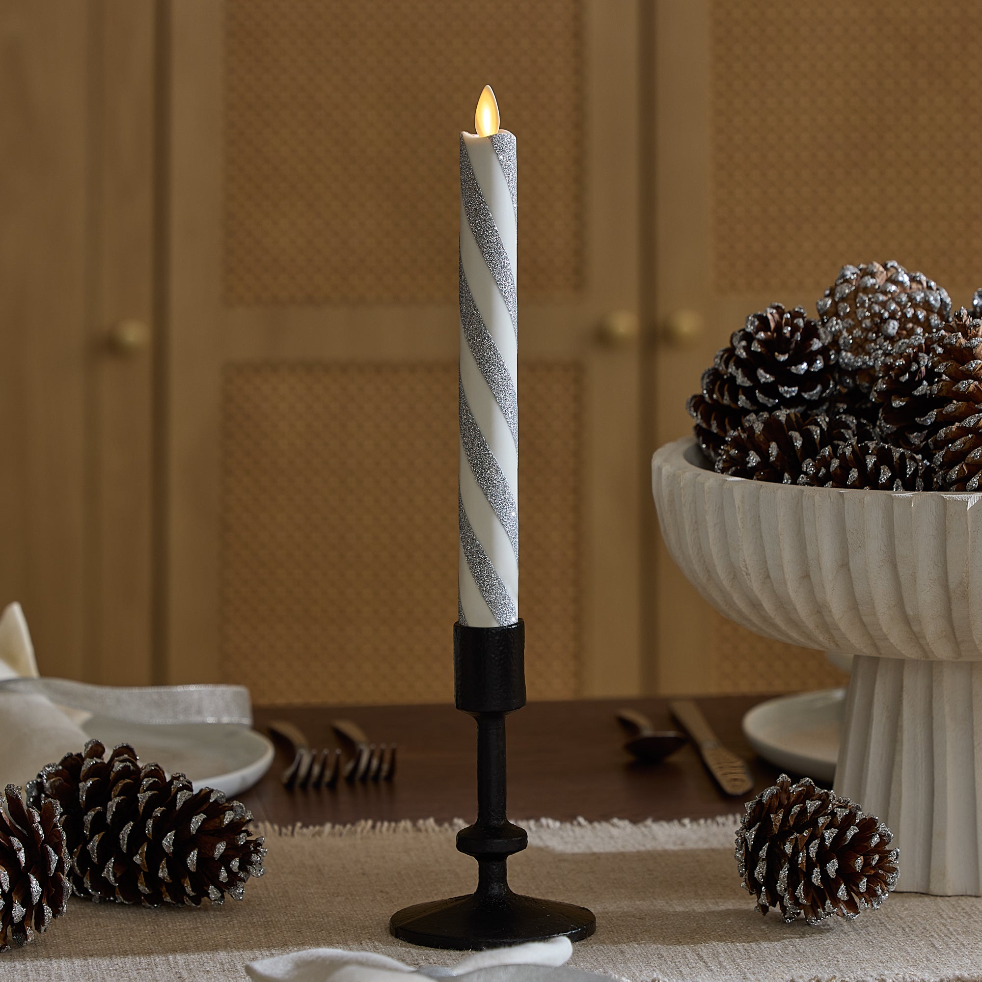sm-image-7a641e3fe71b8e117029a1e9 Brilliant Silver Candy Cane Glitter Flameless Candle Taper
