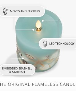 Soft Teal Embedded Seashell & Starfish Flameless Candle Pillar