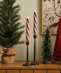 Red Candy Cane Glitter Stripe White Flameless Candle Tapers - Set of 2