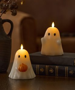 Bright White Ghost Holding Pumpkin Flameless Candle