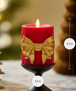 Holiday Red with Gold Bow Flameless Candle Pillar