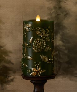 Holiday Green Embossed Pinecones Flameless Candle Pillar