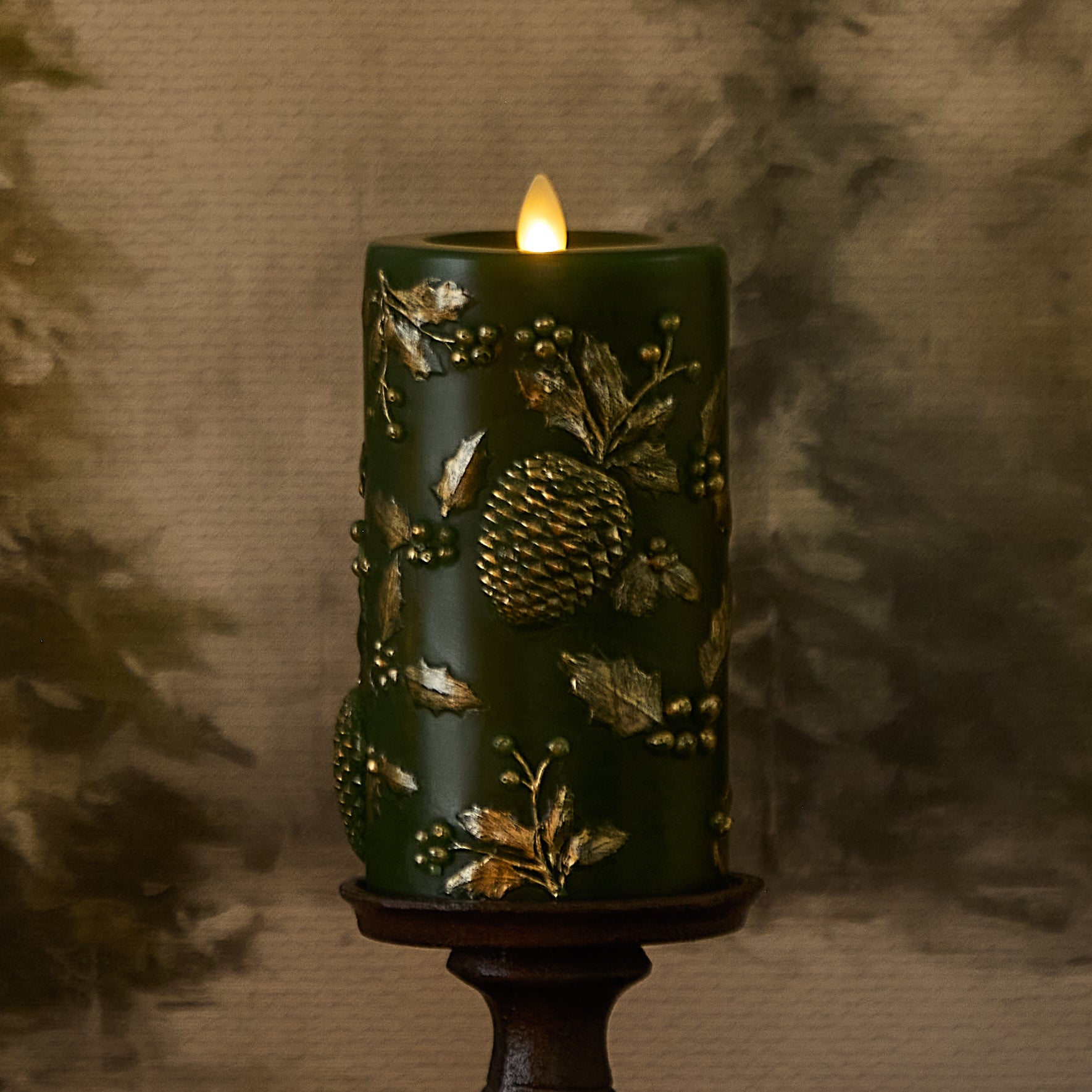 sm-image-88766612abbfe6b2c5dfe628 Holiday Green Embossed Pinecones Flameless Candle Pillar