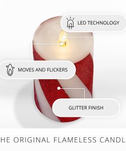Red Candy Cane Wide Glitter Stripe White Flameless Candle Pillar