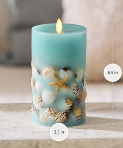 Soft Teal Embedded Seashell & Starfish Flameless Candle Pillar