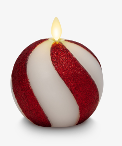 Red Candy Cane Glitter Stripe White Flameless Candle Sphere