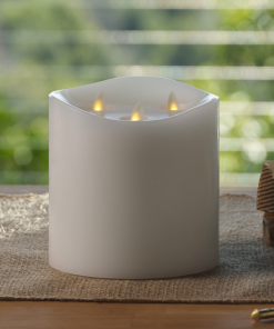 White Flameless Candle Tri-Flame Grand Pillar - Melted Top