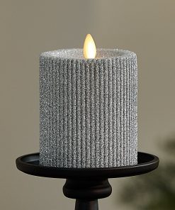 Brilliant Silver Glitter Ribbed Flameless Candle Pillar