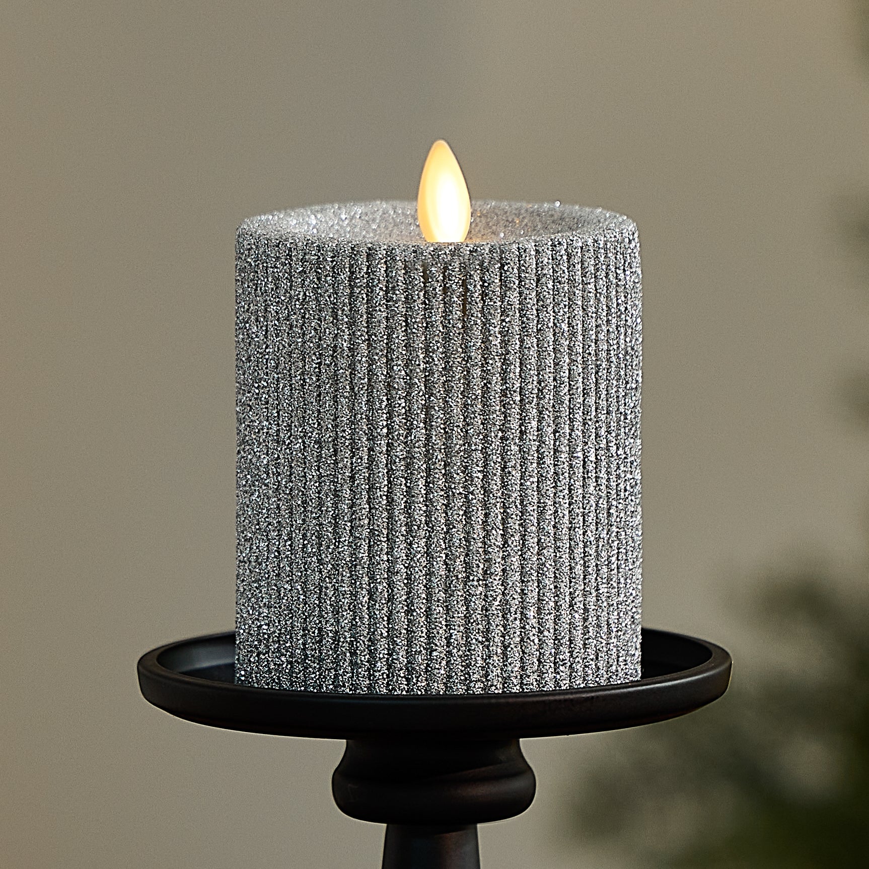 sm-image-8ae8ea3d52e20e97b94a32ab Brilliant Silver Glitter Ribbed Flameless Candle Pillar