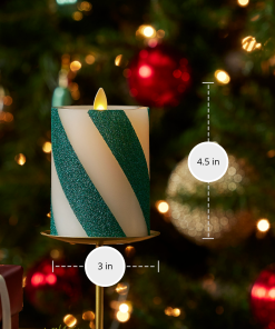 Green Candy Cane Wide Glitter Stripe Flameless Candle Pillar