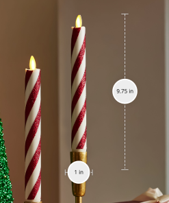 Red Candy Cane Glitter Stripe White Flameless Candle Tapers - Set of 2
