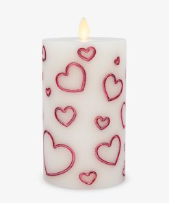White Porcelain with Metallic Raspberry Hearts Flameless Candle Pillar