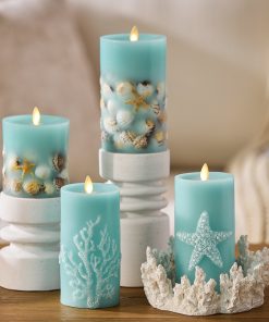 Soft Teal Embossed Coral Flameless Candle Pillar