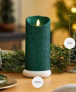 Holiday Green Glitter Flameless Candle Pillar
