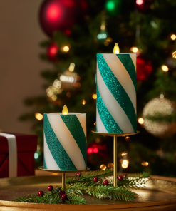 Green Candy Cane Wide Glitter Stripe Flameless Candle Pillar