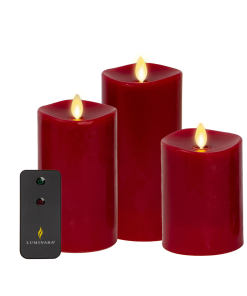 Burgundy Flameless Candle Pillars with Remote - Melted Top - Set of 3