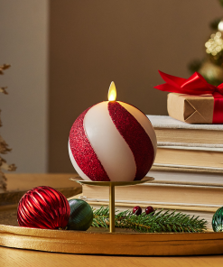Red Candy Cane Glitter Stripe White Flameless Candle Sphere
