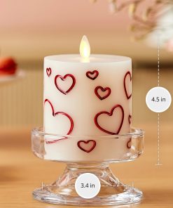 White Porcelain with Metallic Red Hearts Flameless Candle Pillar