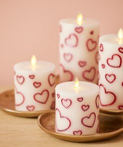 White Porcelain with Metallic Raspberry Hearts Flameless Candle Pillar