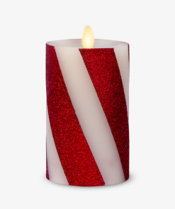 Red Candy Cane Wide Glitter Stripe White Flameless Candle Pillar