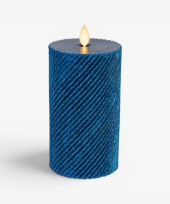 Glitter Blue Opal Ribbed Flameless Candle Pillar