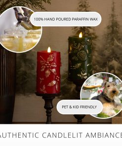 Holiday Green Embossed Pinecones Flameless Candle Pillar