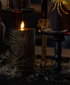 Black and Gold Spider Web Flameless Candle Pillar