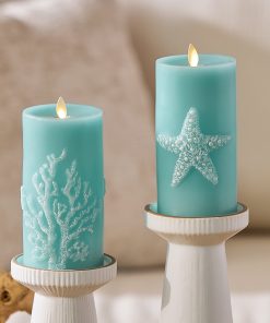 Soft Teal Embossed Starfish Flameless Candle Pillar